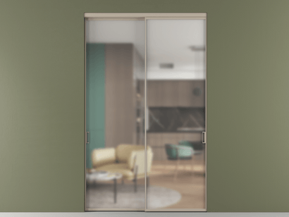 Алюминевая перегородка АЛПР 040.01_АБСК_Matelux Crystalvision_new. Цвет Алюминий бисквитный. Материал Алюминий в эмали. Коллекция Перегородка Formato внутри проёма двустворчатая. Картинка.